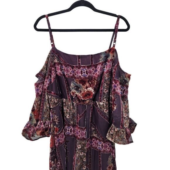 Venus Bohemian Floral High Low Cold Shoulder‎ Dress L Ox Blood Velvet Burnout - Picture 9 of 11